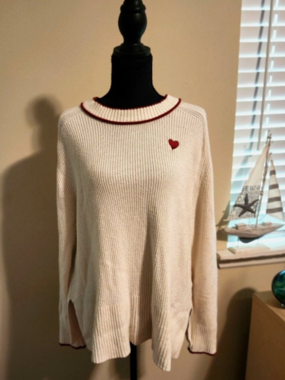 A New Day Crew Neck XL Sweater Cream Red Heart Valentines Cozy Preppy Pullover